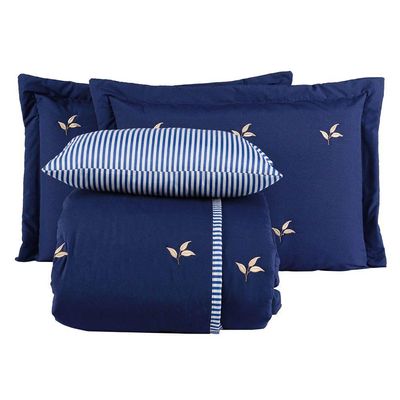 Kit Cobre Leito Colcha Queen Plisse 5 Peças 200 Fios Bordado Azul 100% Poliéster