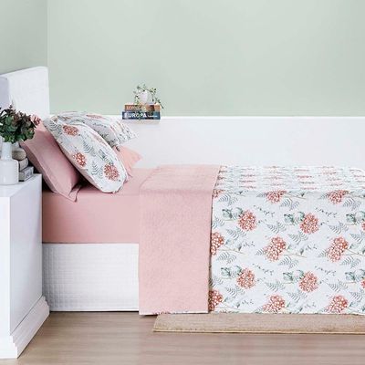 Kit Cobre Leito Colcha Maggy Queen 3 Peças Dupla Face Percale 200 Fios Hortencia Floral Rosa
