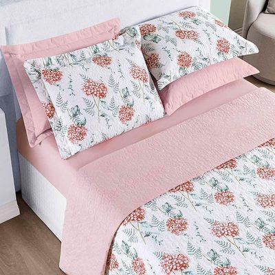 Kit Cobre Leito Colcha Maggy Queen 3 Peças Dupla Face Percale 200 Fios Hortencia Floral Rosa