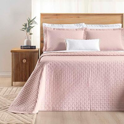 Kit Cobre Leito Colcha Quality King 3 Peças Percale 200 Fios Bordado Rosa 100% Poliéster