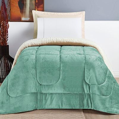 Coberdrom Diamond Solteiro Sherpa Com Manta Flannel 01 Peça Verde Alecrim 100% Poliéster