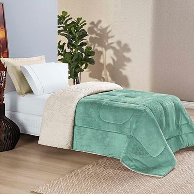 Coberdrom Diamond Solteiro Sherpa Com Manta Flannel 01 Peça Verde Alecrim 100% Poliéster