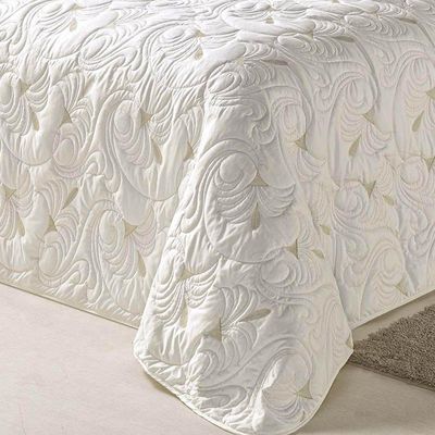 Kit Cobre Leito Colcha Diamante Queen 5 Peças Bordado Floral Dupla Face 180 Fios - Marfim