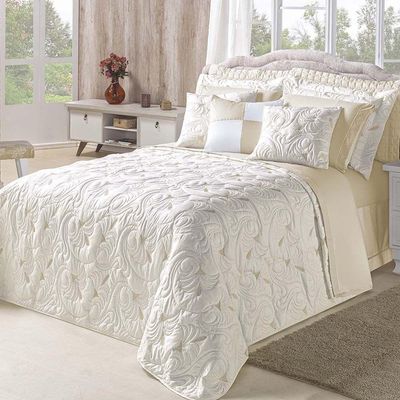 Kit Cobre Leito Colcha Diamante Queen 5 Peças Bordado Floral Dupla Face 180 Fios - Marfim