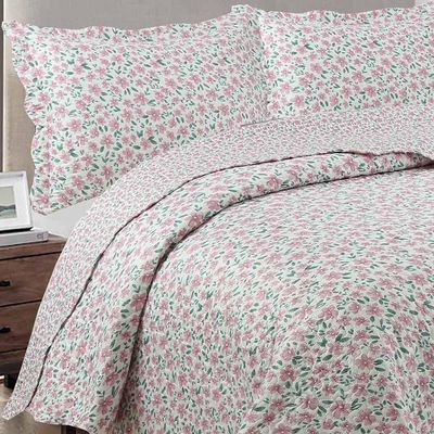 Kit Cobre Leito Colcha Daily Queen 3 Peças Dupla Face Estampado Floral - Sabrina Palha