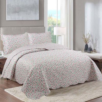 Kit Cobre Leito Colcha Daily Queen 3 Peças Dupla Face Estampado Floral - Sabrina Palha