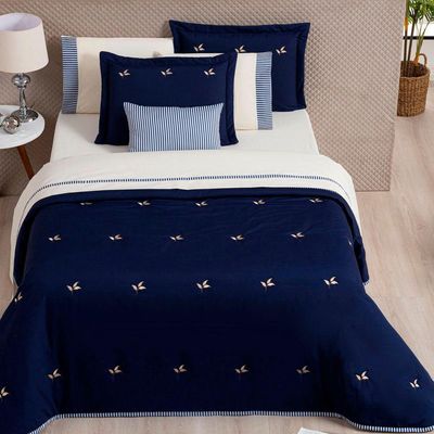 Kit Cobre Leito Colcha Queen Melini 200 Fios Bordado Listrado 5 Peças - Azul Marinho
