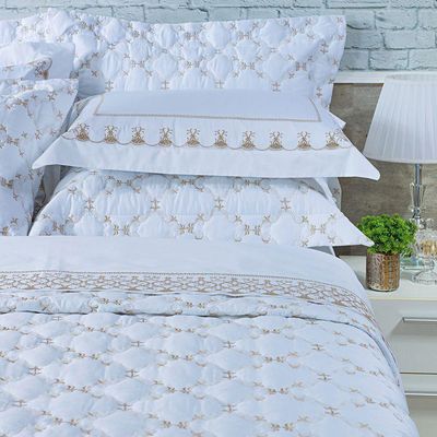 Kit Cobre Leito Colcha Garland Queen 100% Algodão 400 Fios Acetinado Bordado 5 Peças - Branco