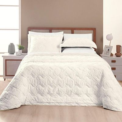 Kit Cobre Leito Colcha Katarine King 03 Peças Dupla Face Micropercal 300 Fios Detalhado - Off White