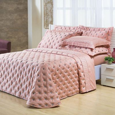 Kit Cobre Leito Colcha Super King 100% Algodão 400 Fios Acetinado Bordado 5 Peças Rosê E Fendi
