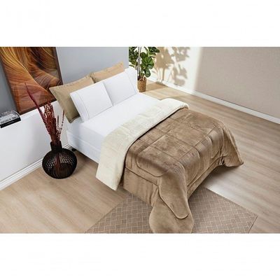 Coberdrom Sherpa E Flannel Everest Queen Manta Alta 150g 01 Peça - Caqui