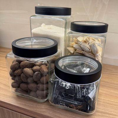 Kit 4 Potes 800ml Gastro Lyor Vidro Tampa Metal Preta Porta Mantimentos Quadrado