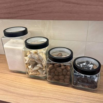 Kit 4 Potes 800ml Gastro Lyor Vidro Tampa Metal Preta Porta Mantimentos Quadrado