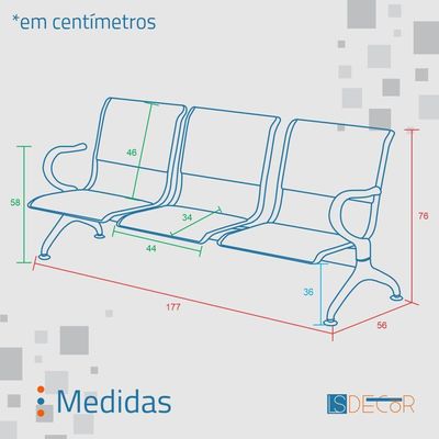 Cadeira Longarina Com Est Cromada 3 Lugares Colors Aqua