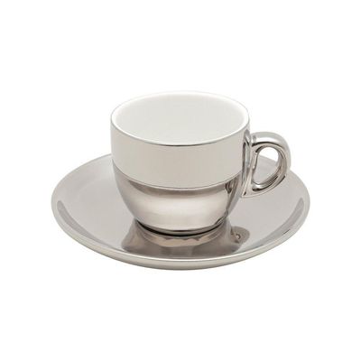 Conjunto 6 Xícaras De Café Com Pires De Porcelana E Suporte Versa Branco-prata 90ml - Wolff