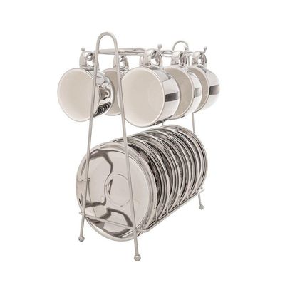 Conjunto 6 Xícaras De Café Com Pires De Porcelana E Suporte Versa Branco-prata 90ml - Wolff
