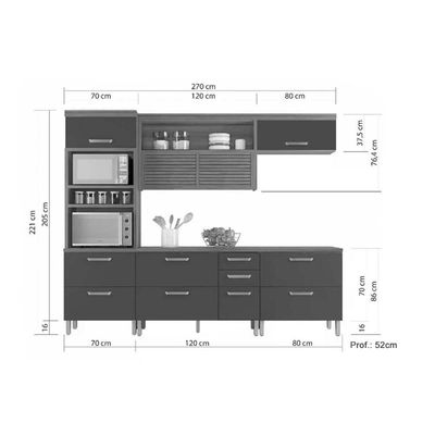 Cozinha Completa 4 Peças Princesa 1 Aéreo 2 Balcões 1 Paneleiro C6p64 Freijó Grafite