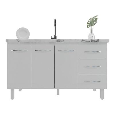 Balcão Armário Cozinha Gabinete Pia De 140 Cm Carine Com 3 Portas E 3 Gavetas Branco