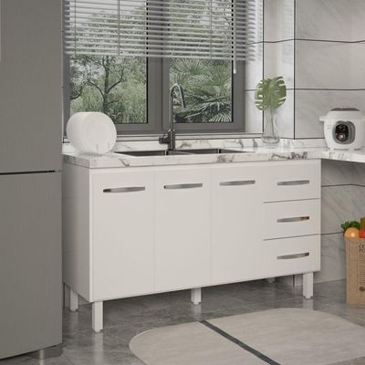 Balcão Armário Cozinha Gabinete Pia De 140 Cm Carine Com 3 Portas E 3 Gavetas Branco