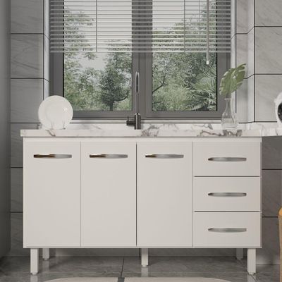 Balcão Armário Cozinha Gabinete Pia De 140 Cm Carine Com 3 Portas E 3 Gavetas Branco