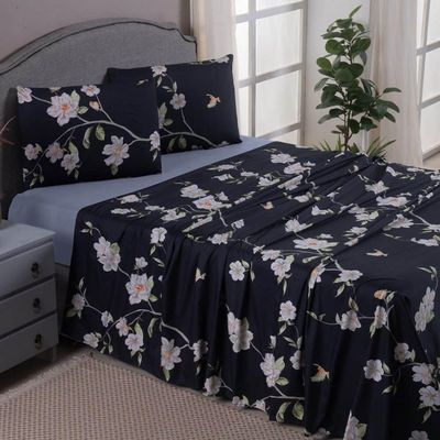 Jogo De Lençol Mabele Queen 4 Peças Micro Percal 400 Fios Estampado Floral - Azul Marinho