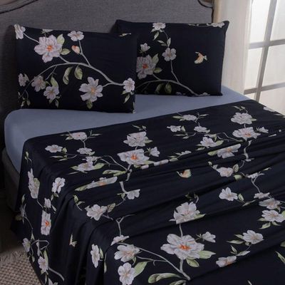 Jogo De Lençol Mabele Queen 4 Peças Micro Percal 400 Fios Estampado Floral - Azul Marinho
