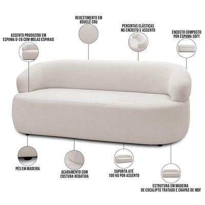 Sofá 3 Lugares Orgânico Sala De Estar Living 170cm Carmen F04 Bouclê Cru - Lyam Decor