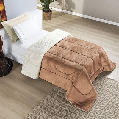 Coberdrom Sherpa E Flannel Everest Solteiro Manta Alta 150g 01 Peça - Apricot