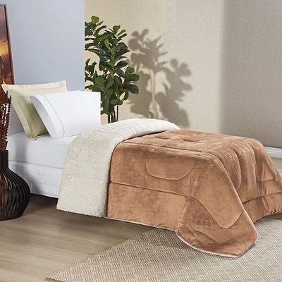 Coberdrom Sherpa E Flannel Everest Solteiro Manta Alta 150g 01 Peça - Apricot