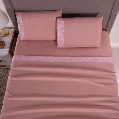 Jogo De Lençol Zurique Queen 4 Peças Micro Percal 400 Fios Friso Decorativo - Rose