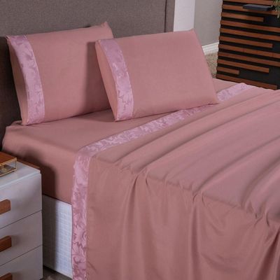 Jogo De Lençol Zurique Queen 4 Peças Micro Percal 400 Fios Friso Decorativo - Rose