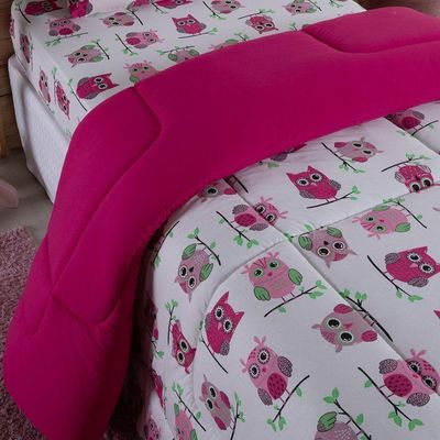 Edredom Fantasy Solteiro 01 Peça Infantil Tecido Malha 100% Algodão Macio Dupla Face - Coruja Rose