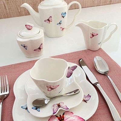 Jogo 8 Xicaras De Chá Porcelana Com Pires Borboletas 200ml Wolff