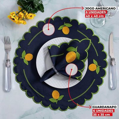Jogo De Guardanapos Sousplat Americano 12 Peças Bordado Decorativo - Limão Siciliano Azul Marinho