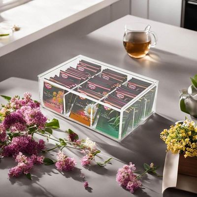 Caixa Acrílico 5mm Saches De Chá Com 9 Nichos Organizador Mesa Cozinha Prático Transparente Elegante
