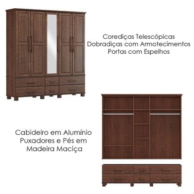 Guarda Roupa 5 Portas 6 Gavetas Espelho Madeira Maciça 208 Cm 2253 Cafe Milani Store