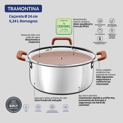 Caçarola Tramontina Romagna Aço Inox Alumínio Cerâmico Marfim 24 Cm 5,24 L Tramontina