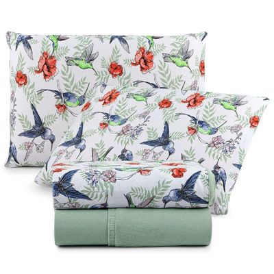 Jogo Cama Lençol Casa Scarpa Sonnet King Malha Estampada Algodão 4 Peças - Beija Flor - Verde