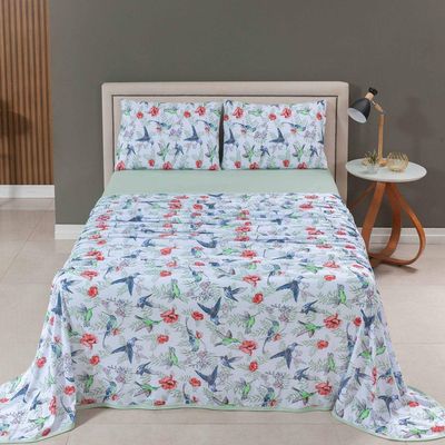 Jogo Cama Lençol Casa Scarpa Sonnet King Malha Estampada Algodão 4 Peças - Beija Flor - Verde