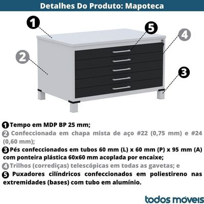 Mapoteca 5 Gavetas Pandin 120 Cm (larg) Inmetro Tampo Mdp Cinza Estrutura E Gavetas Em Aço Cinza
