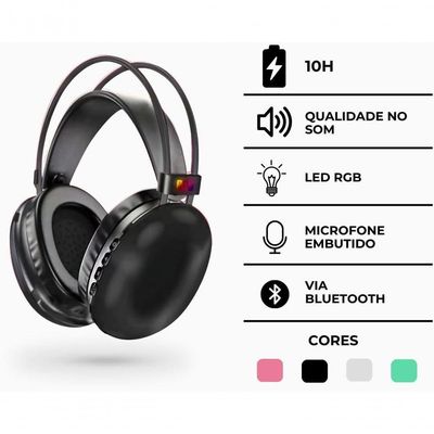 Fone De Ouvido Sem Fio Bluetooth V5.3 Com Led Rgb Headset Bluetooth Disco Pulse