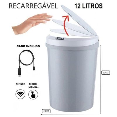 Lixeira Automática Redonda 12 Litros Com Sensor Cinza