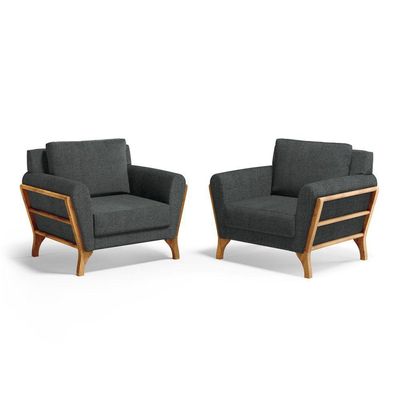 Kit 2 Poltronas Sabrina De Madeira Maciça Com Almofada Linho Chumbo 406