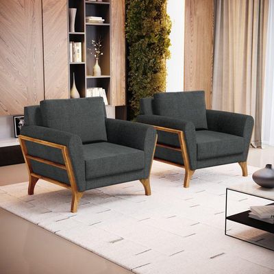 Kit 2 Poltronas Sabrina De Madeira Maciça Com Almofada Linho Chumbo 406