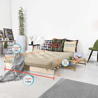 Futon Casal Tokio Sofa Cama Bege Com Madeira Maciça