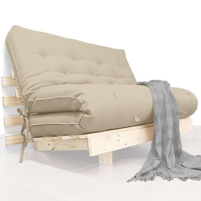 Futon Casal Tokio Sofa Cama Bege Com Madeira Maciça