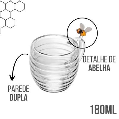 Jogo 8 XícarasDe Chá Vidro Parede Dupla Abelha Lovely Bee 180ml Lyor