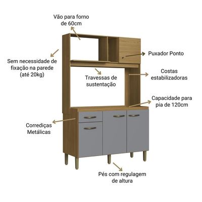 Cozinha Compacta 120cm 4 Portas E 1 Gaveta Co1202 Decibal Ipê Griseo
