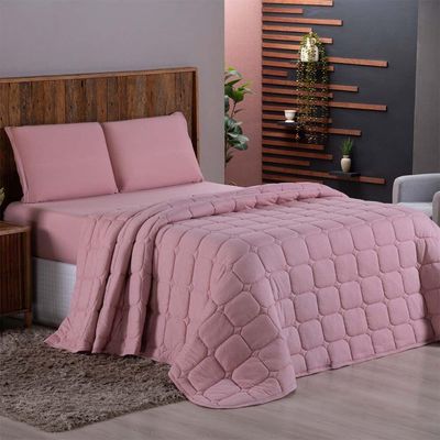 Kit Cobre Leito Colcha Minimal Casal 3 Peças Malha 100% Algodão Rose