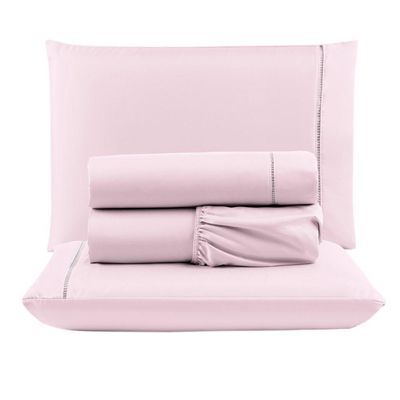 Kit Com 4 Jogos Cama Lençol Casal Padrão Micro Percal 400 Fios Ponto Palito 4 Peças Rosa + Cinza